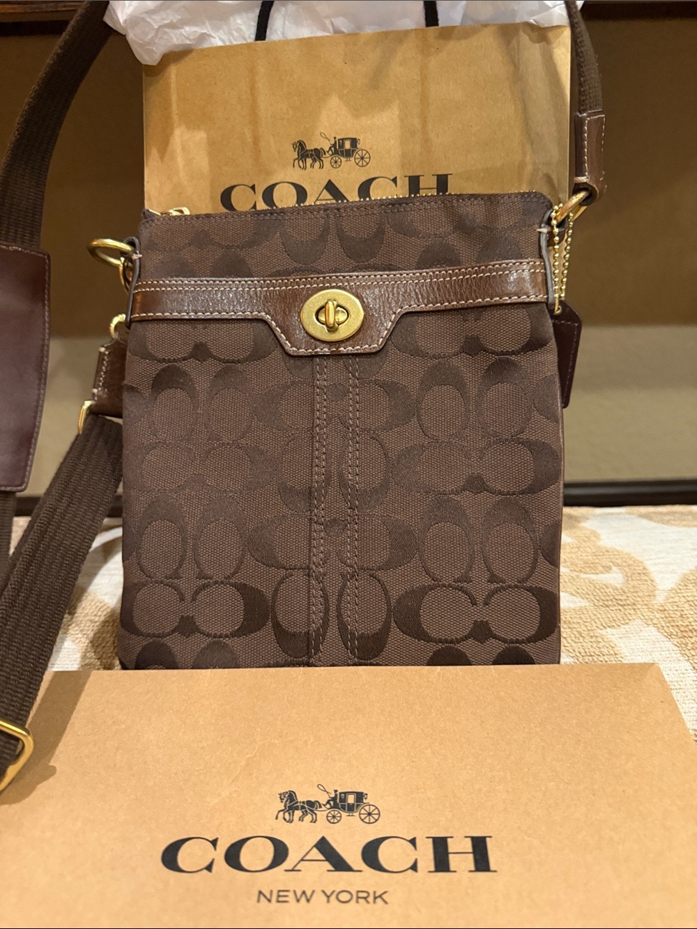 Coach Brown Signature Messenger Crossbody Bag with Gold-Tone Hardware